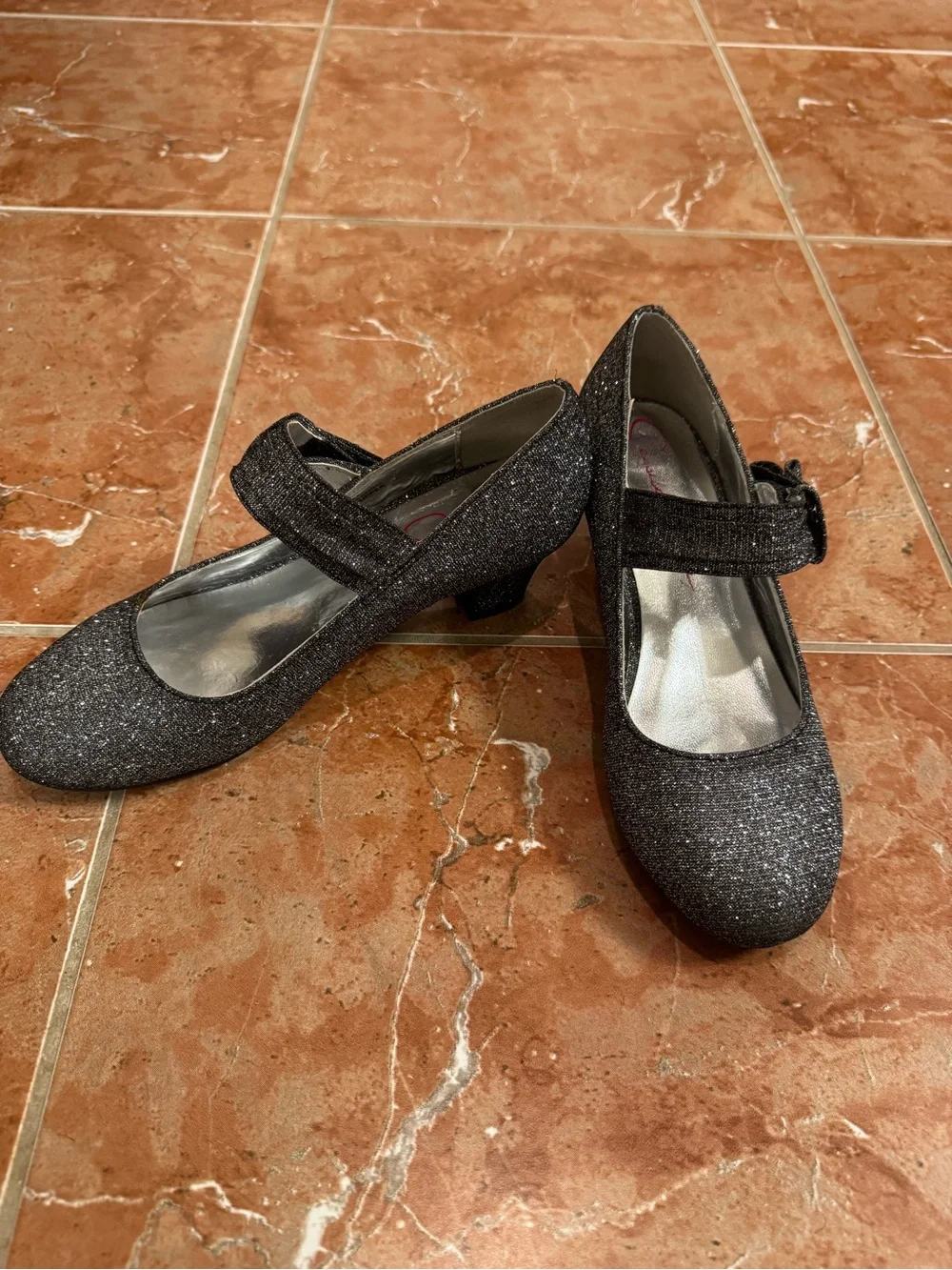 Jessica Simpson Girls Black Glitter Mary Jane Block Heel Dress Shoes Bow Size 3